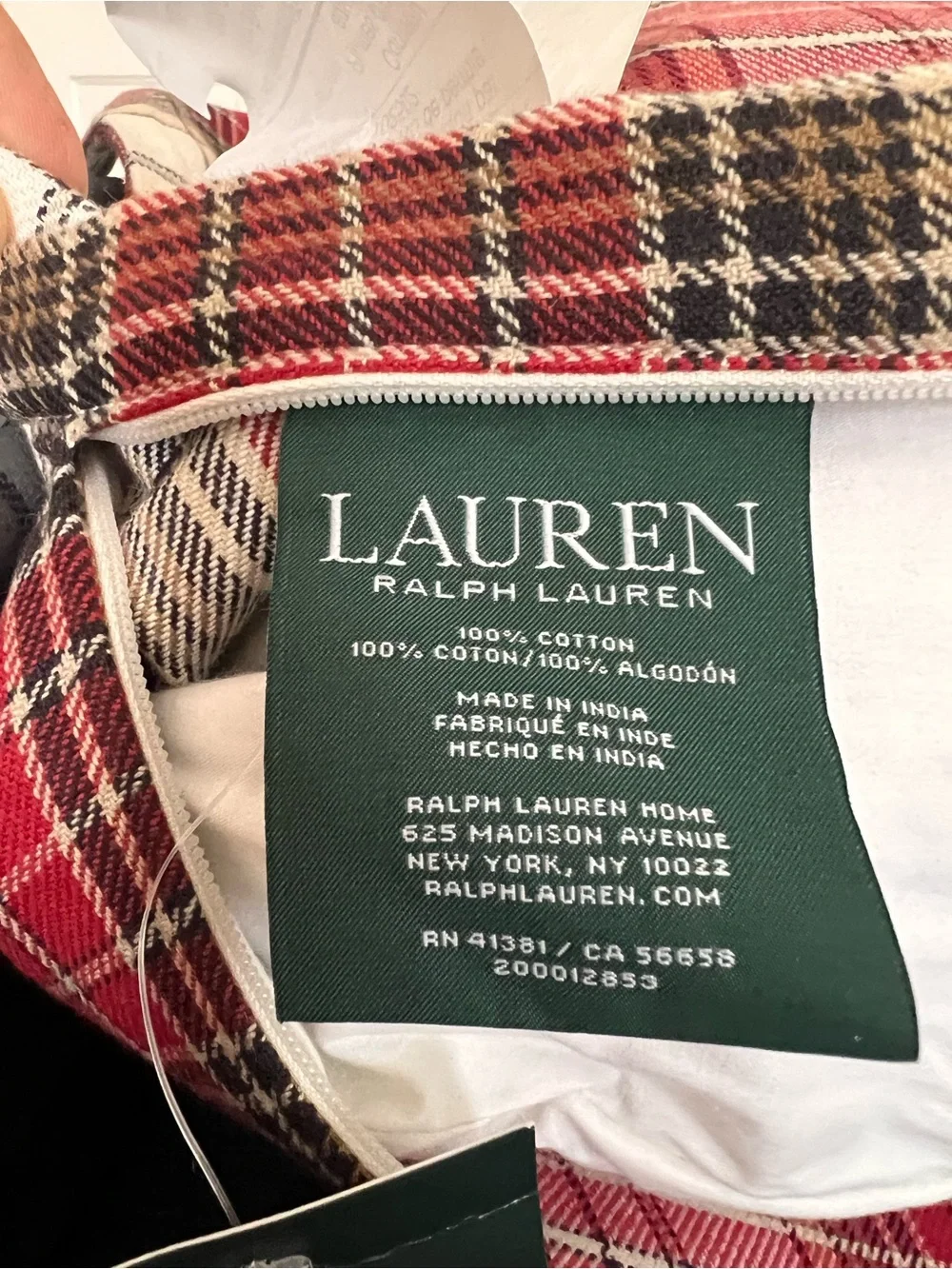 Lauren Ralph Lauren Tartan Plaid Cotton Lumbar Pillow Down Filled 27” x 16” NWOT